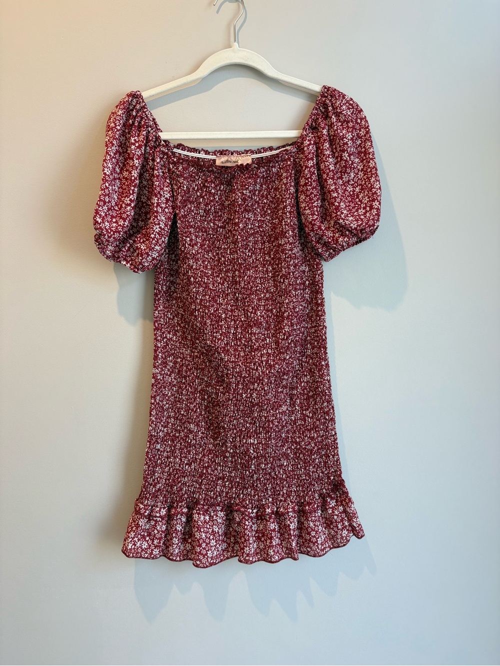 Willow + Root Smocked Burgundy Floral Mini Dress with Ruffle Hem
